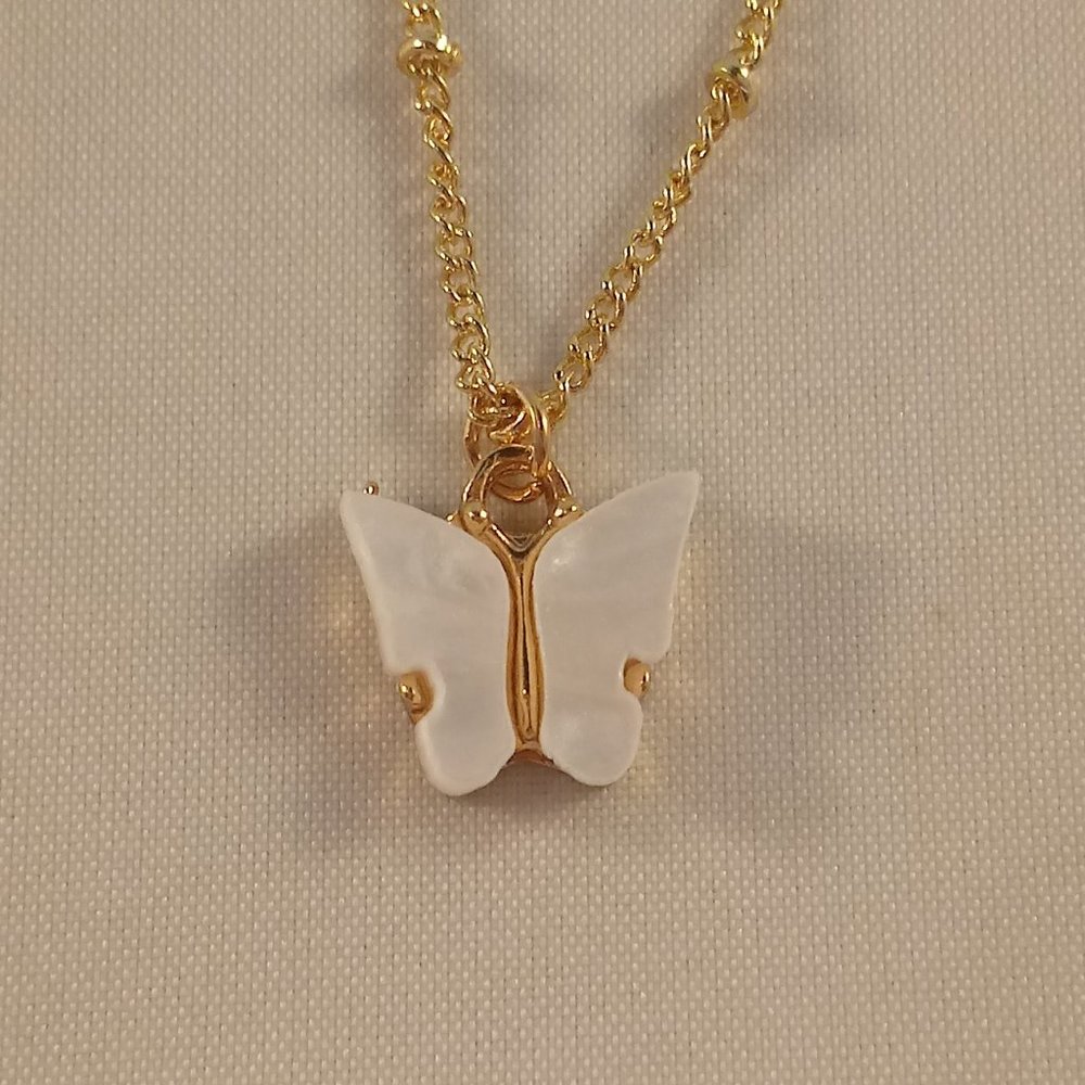 Gold Plated White Opal Resin Butterfly Pendant Necklace 18" Womens Party Gift